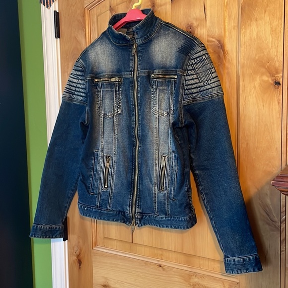 ANGEL COLA Men’s Biker Slim Fit Distressed Washed Blue Denim Jacket $234 EUC M - Picture 3 of 16